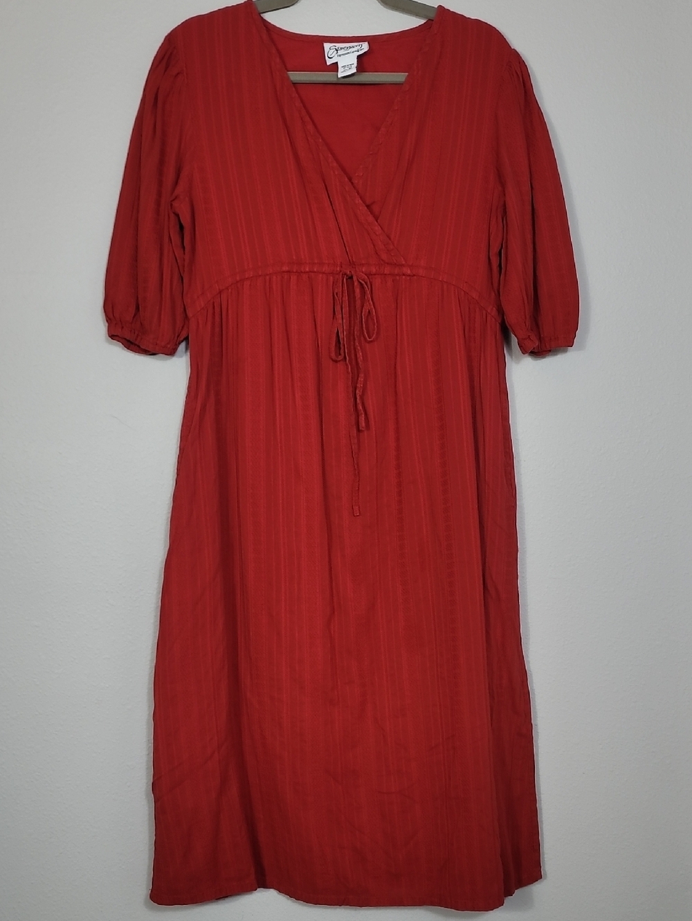 Vintage Expressions Cottagecore Babydoll Dress Size M Red Cotton Pockets Boho